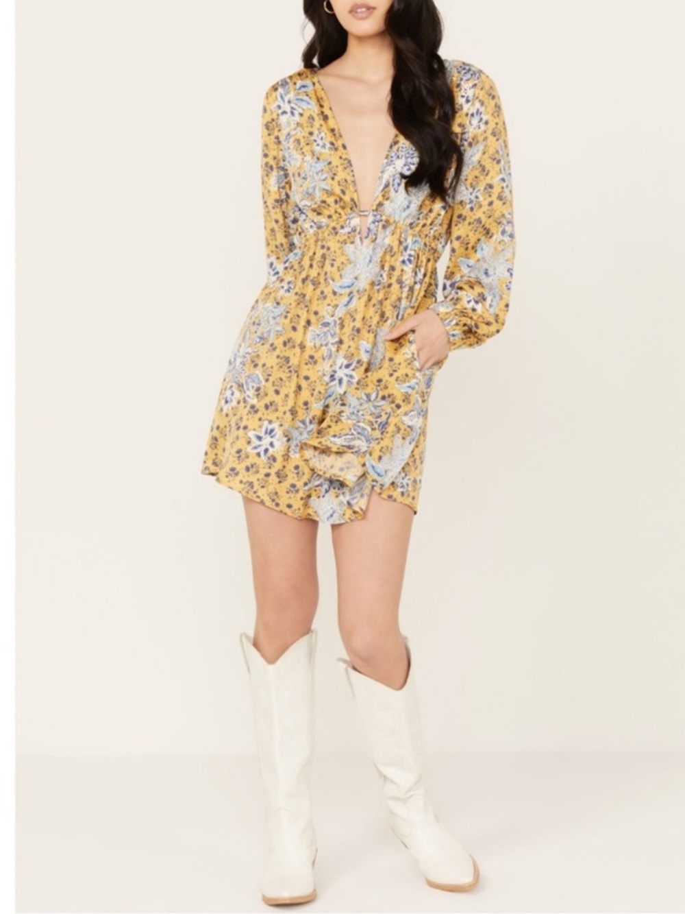 Women’s Free People Soli Floral Mini Dress Golden Yellow Blue Size M